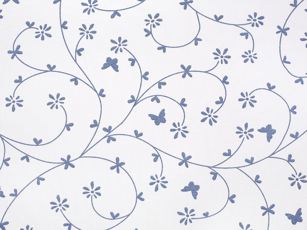 Bavlněné plátno - modrošedé kytičky a motýlci na bílém