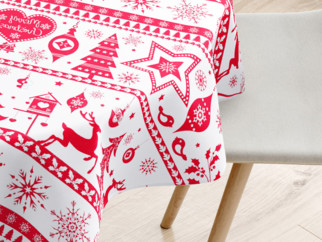 Vánoční bavlněný ubrus - vzor červené vánoční symboly na bílém - KULATÝ