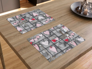 Bavlněné prostírání na stůl - vzor červená srdce na tmavě šedém - 2ks