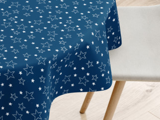 Kulatý vánoční bavlněný ubrus - vzor bílé hvězdičky na modrém