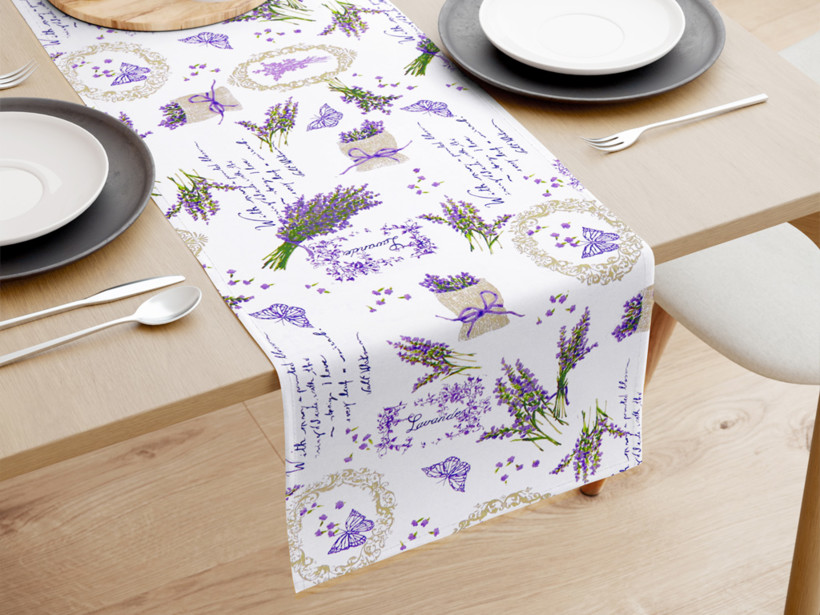 Běhoun na stůl 100% bavlněné plátno - levandule a motýli s texty