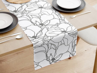 Bavlněný běhoun na stůl - tmavě šedé květy na bílém