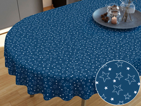 Bavlněný ubrus - vzor bílé hvězdičky na modrém - OVÁLNÝ