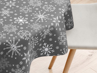 Vánoční bavlněný ubrus - vzor sněhové vločky na šedém - KULATÝ