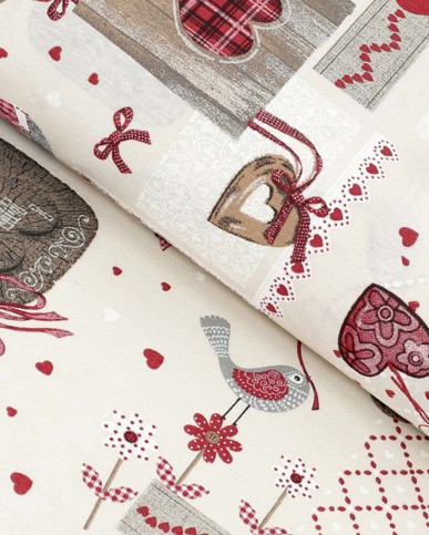 Vánoční dekorační látka Loneta - červená srdce patchwork