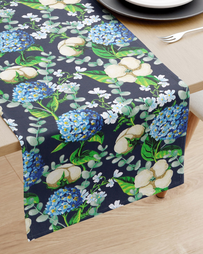 Běhoun na stůl 100% bavlněné plátno - hortenzie s květy bavlníku