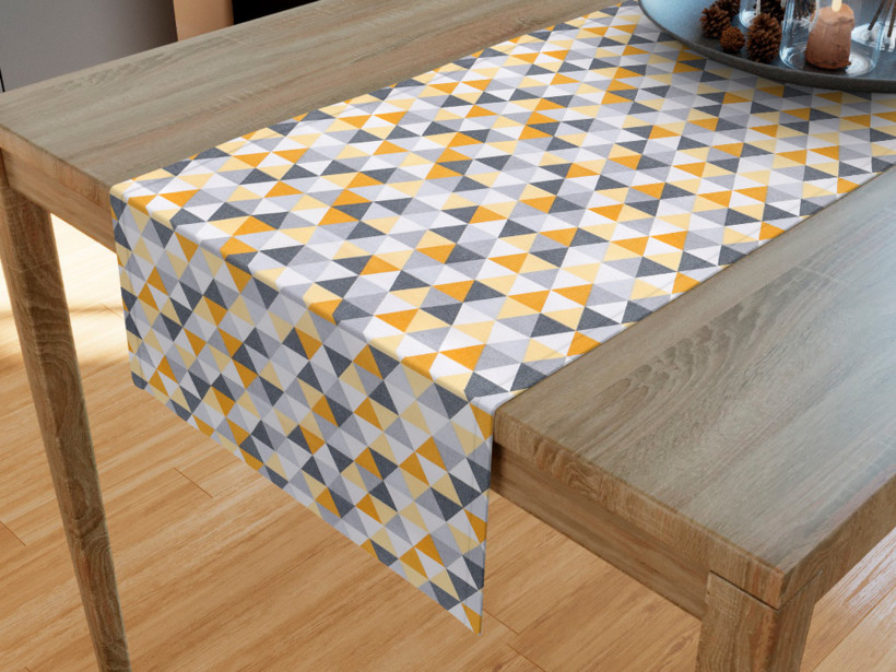 Běhoun na stůl 100% bavlněné plátno - oranžové a šedé trojúhelníky
