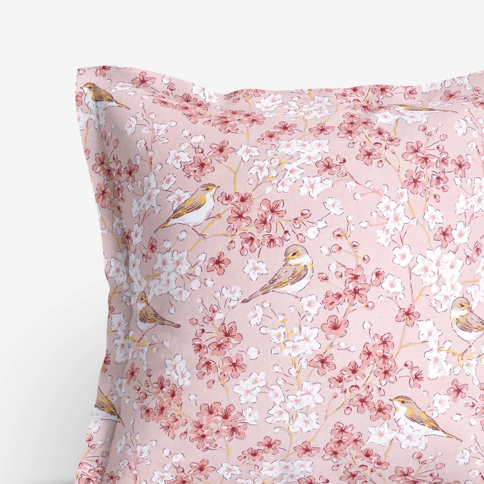 Bavlněný povlak na polštář s ozdobným lemem - ptáčci v růžové zahradě