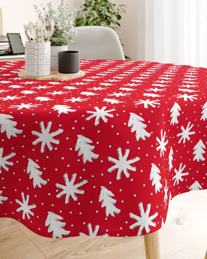 Vánoční kulatý ubrus 100% bavlněné plátno - vločky a stromečky na červeném