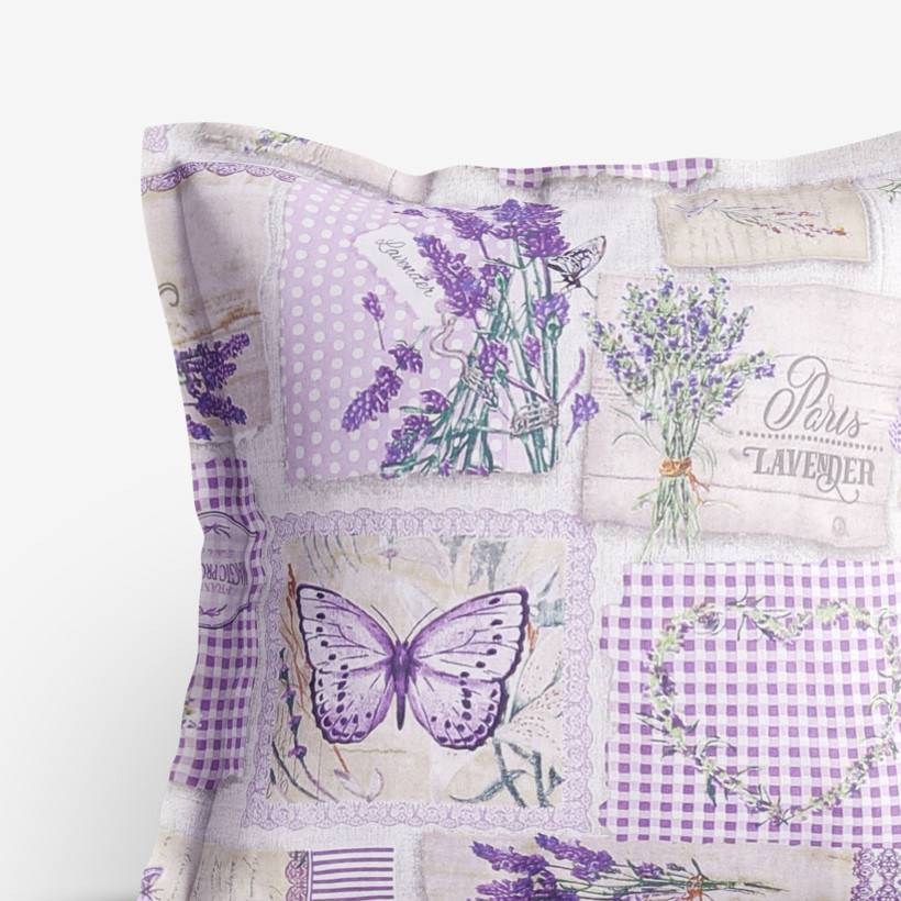 Bavlněný povlak na polštář s ozdobným lemem - patchwork levandulí s motýly