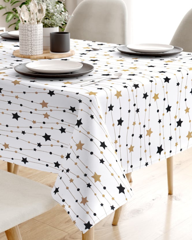 Hranatý ubrus 100% bavlněné plátno - zlaté a černé hvězdičky na bílém