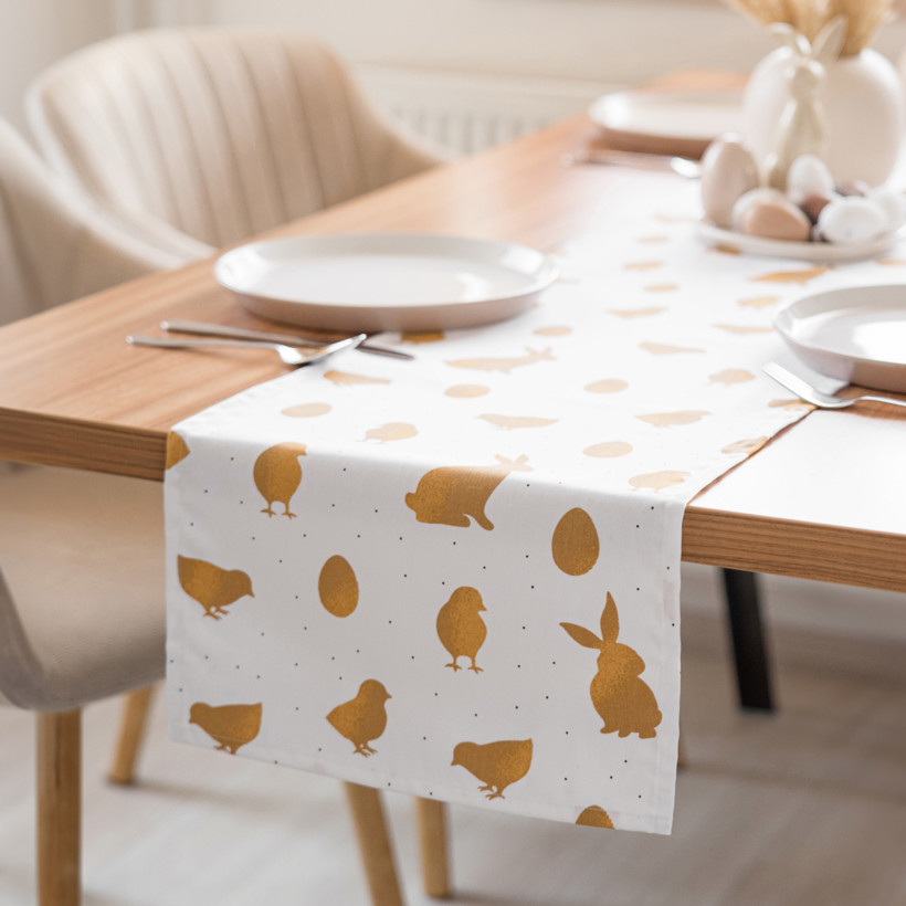 Velikonoční běhoun na stůl z pevné bavlny - zlaté symboly Velikonoc