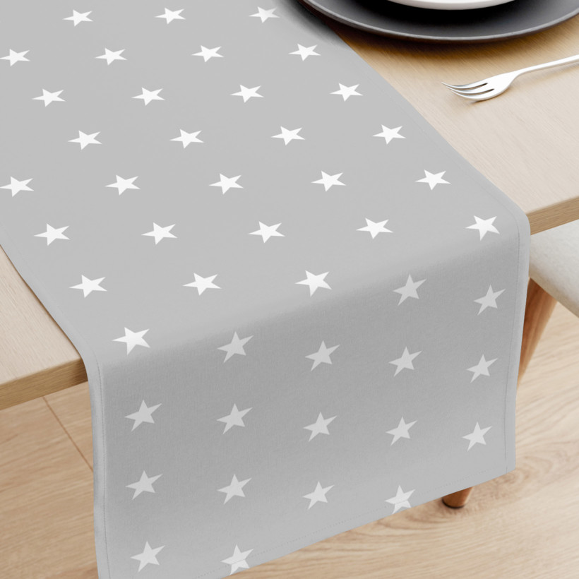 Vánoční běhoun na stůl 100% bavlněné plátno - bílé hvězdičky na světle šedém
