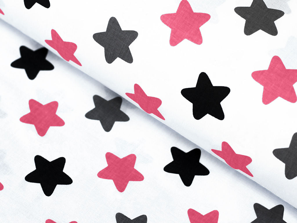 Bavlněné plátno - růžové a černé hvězdy na bílém