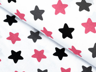 Bavlněné plátno SIMONA - vzor 899 růžové a černé hvězdy na bílém - metráž š. 160cm