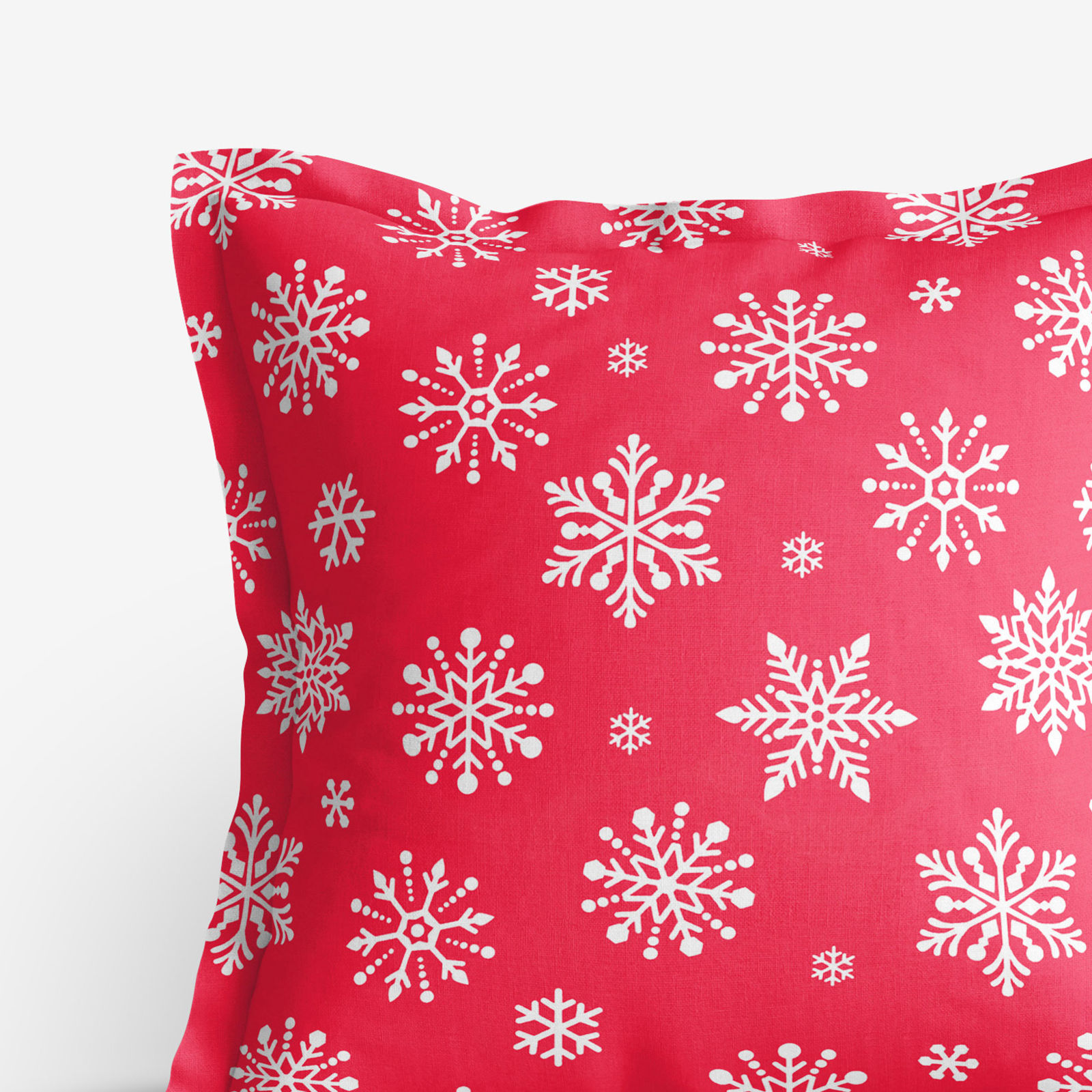 Vánoční bavlněný povlak na polštář s ozdobným lemem - vločky na zářivě červeném