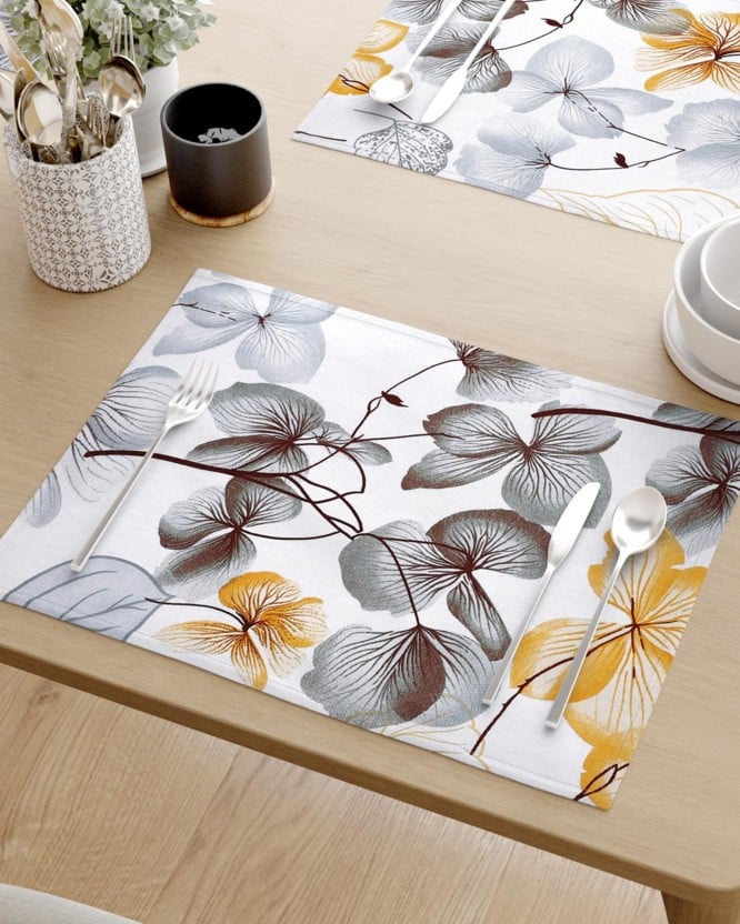 Prostírání na stůl 100% bavlněné plátno - šedo-hnědé květy s listy - sada 2ks