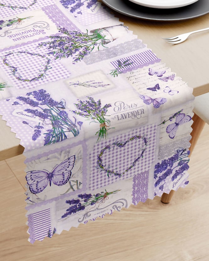 Běhoun na stůl teflonový - patchwork levandulí s motýly