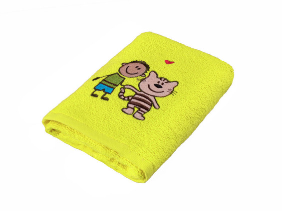 Dětský froté ručník LILI 30x50 cm žlutý - vzor kluk s kočkou