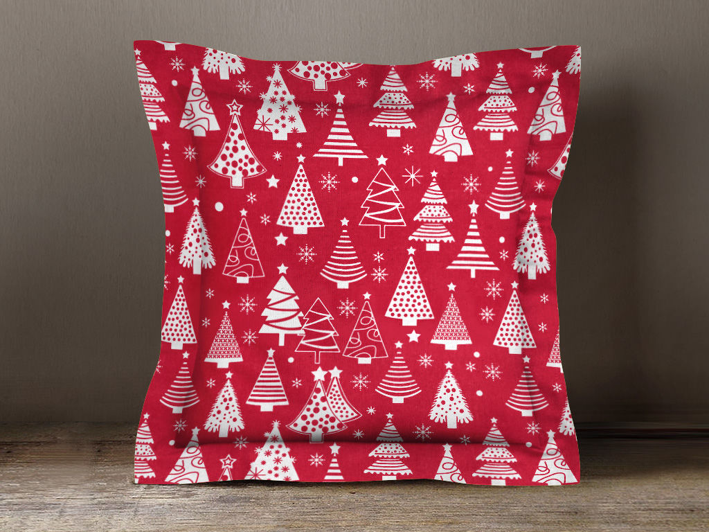 Vánoční bavlněný povlak na polštář s ozdobným lemem - stromečky na červeném
