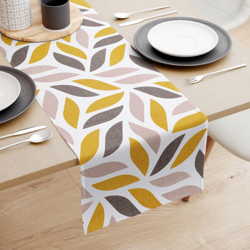 Běhoun na stůl 100% bavlněné plátno - zlaté a hnědé geometrické listy