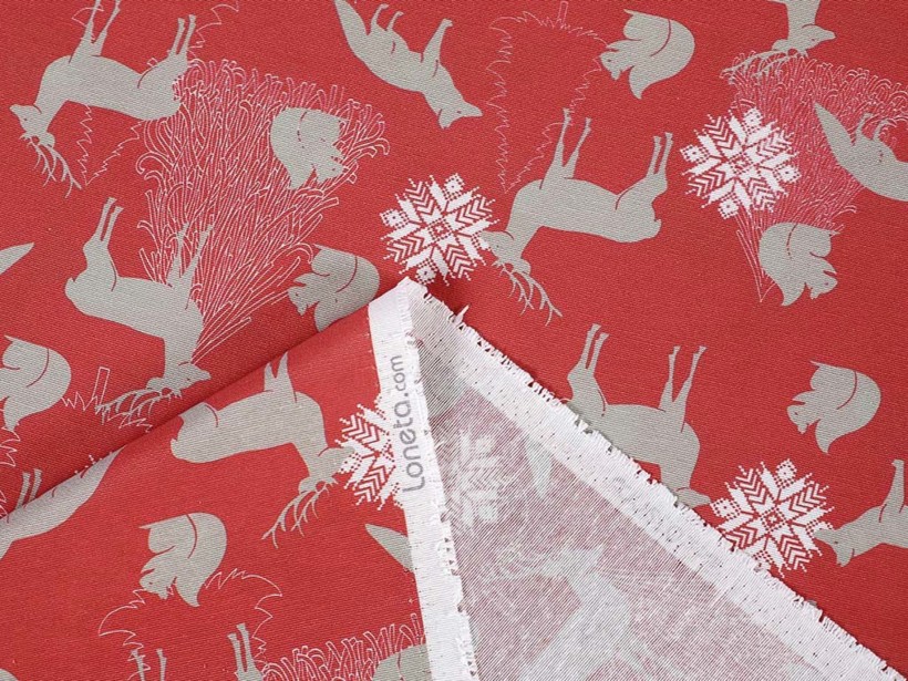 Vánoční dekorační látka Loneta - vánoční zvířátka na červeném