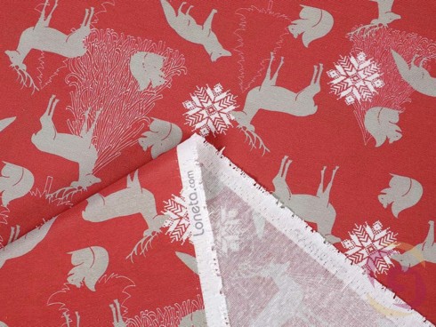 Vánoční dekorační látka LONETA - MOUNTAIN SNOW C-401 - vzor vánoční zvířátka na červeném