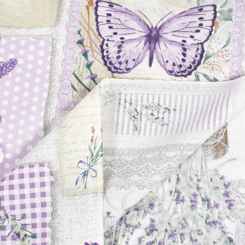 Bavlněné plátno - patchwork levandulí s motýly