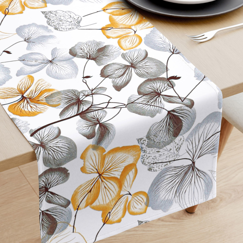 Běhoun na stůl 100% bavlněné plátno - šedo-hnědé květy s listy