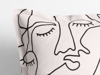 Bavlněný povlak na polštář s ozdobným lemem - abstraktní obličeje na béžovém