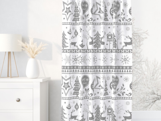 Vánoční bavlněný závěs - vzor vánoční symboly na bílém