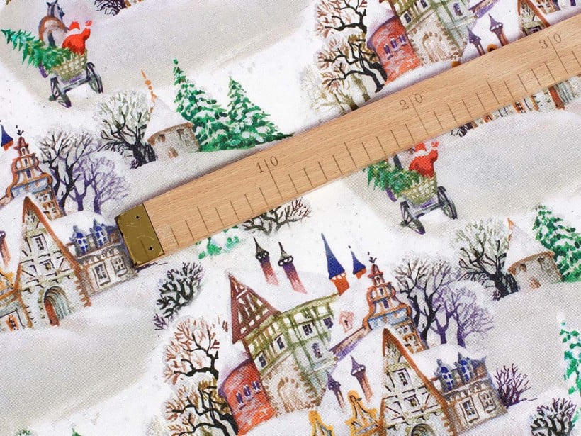 Vánoční dekorační látka Loneta - zasněžené městečko