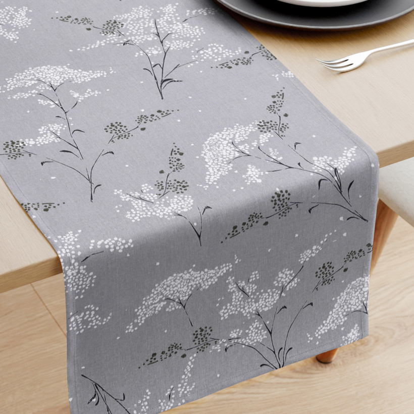 Běhoun na stůl 100% bavlněné plátno - japonské květy na šedém