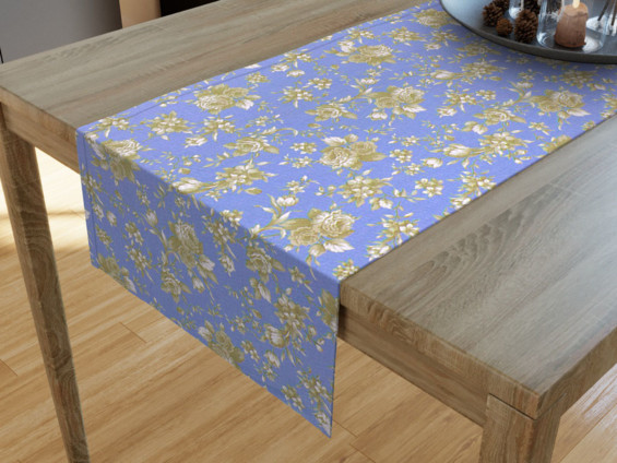 Bavlněný běhoun na stůl MESTRAL - vzor zlatavé květy na modrém