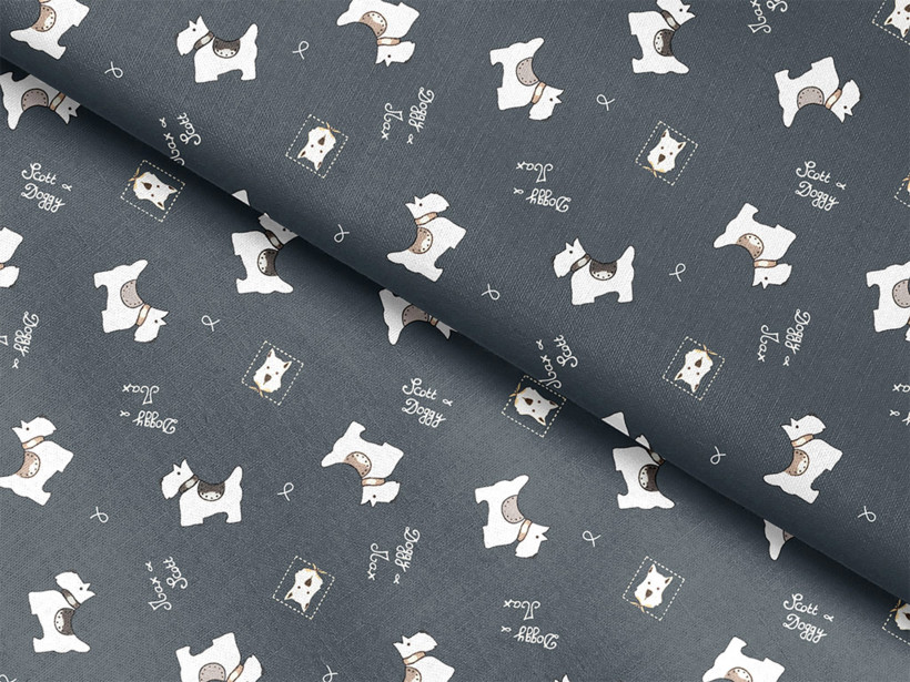 Bavlněné plátno - pejsci Scotty & Max na šedomodrém