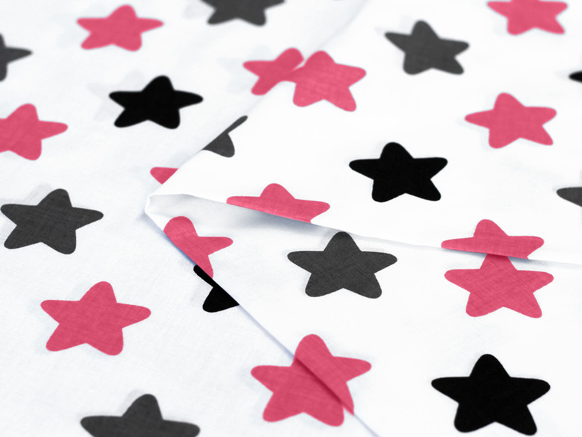 Bavlněné plátno - růžové a černé hvězdy na bílém