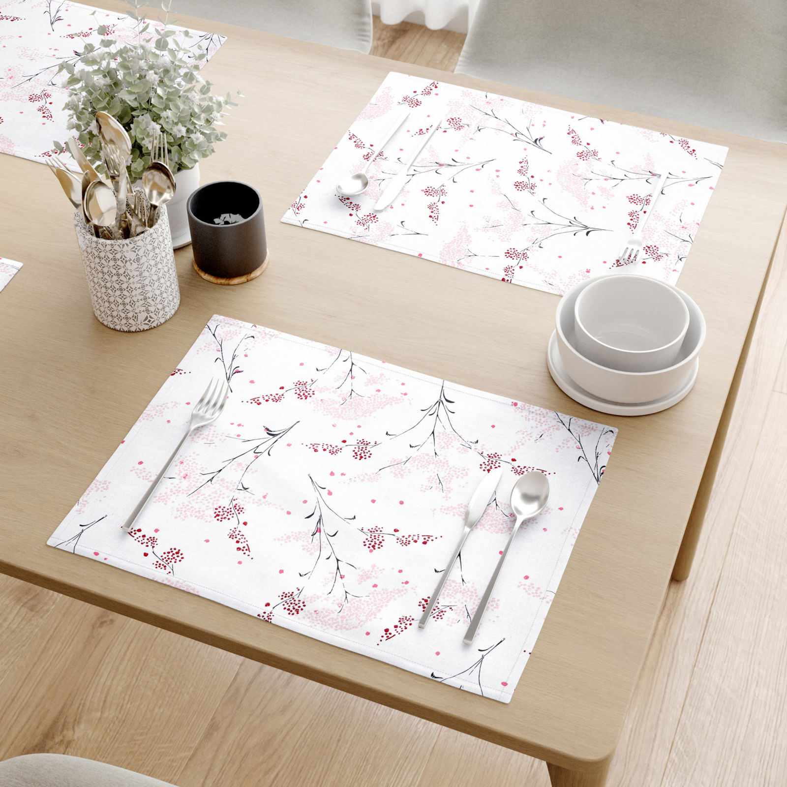 Prostírání na stůl 100% bavlněné plátno - japonské květy na bílém - sada 2ks