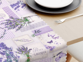 Běhoun na stůl teflonový - patchwork levandulí s motýly