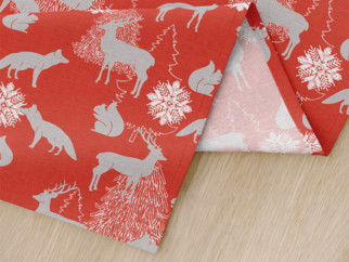 Vánoční prostírání na stůl LONETA - vzor vánoční zvířátka na červeném - sada 2ks