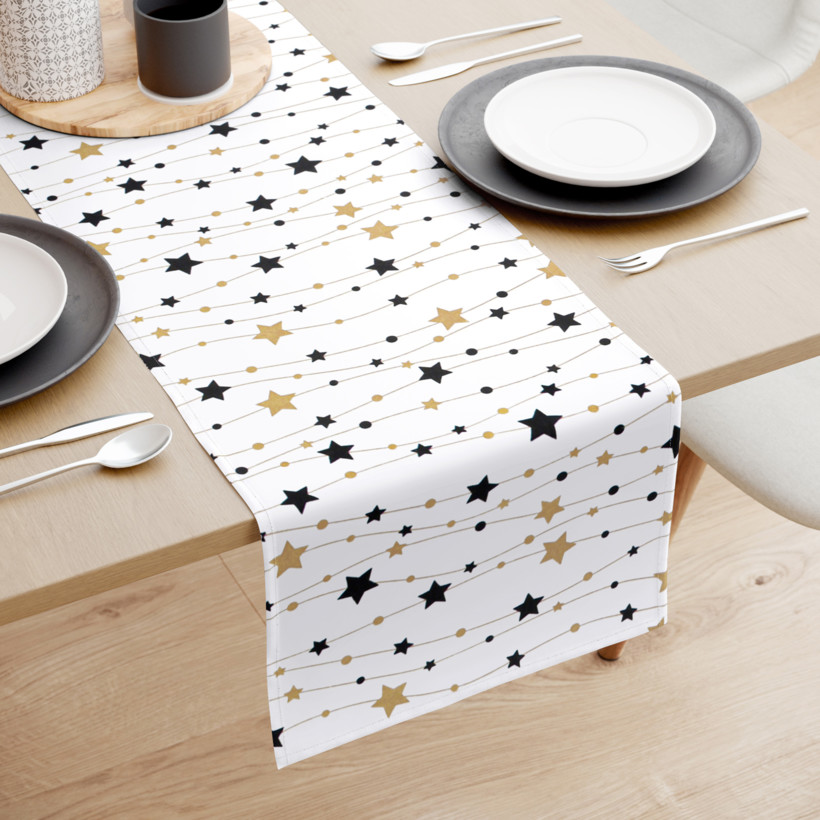 Běhoun na stůl 100% bavlněné plátno - zlaté a černé hvězdičky na bílém
