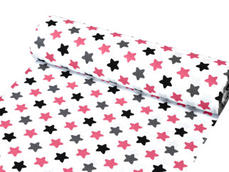 Bavlněné plátno SIMONA - vzor 899 růžové a černé hvězdy na bílém - metráž š. 160cm