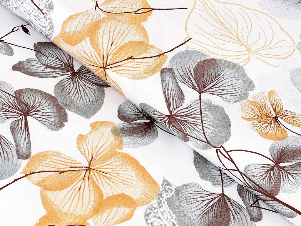Bavlněné plátno - šedo-hnědé květy s listy