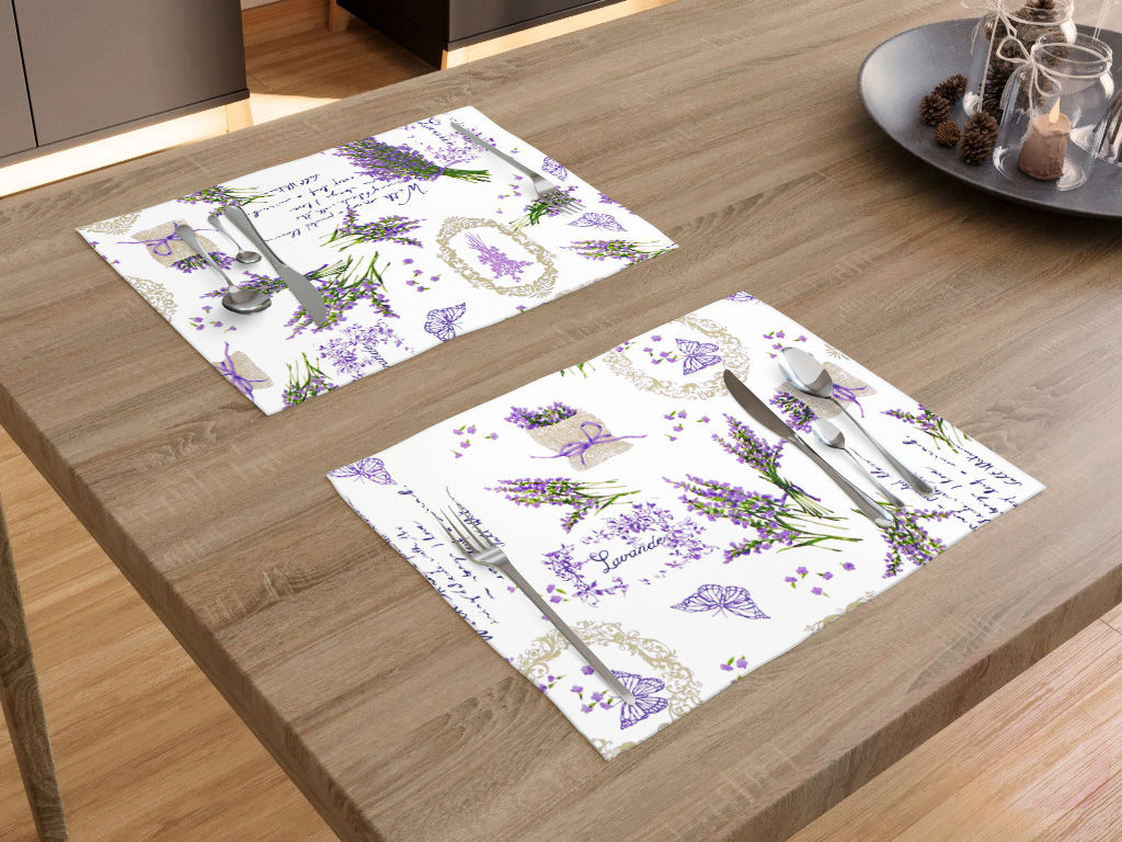 Prostírání na stůl 100% bavlněné plátno - levandule a motýli s texty - sada 2ks