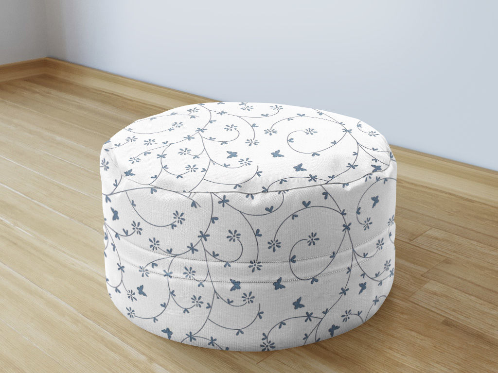 Bavlněný sedací bobek 50x20cm - modrošedé kytičky a motýlci na bílém