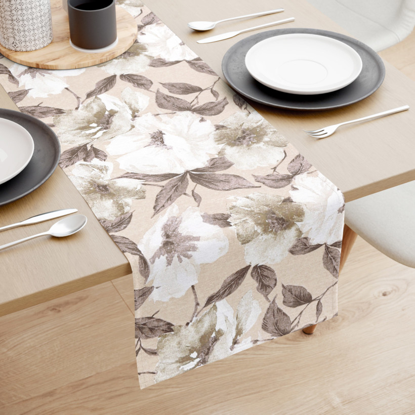 Běhoun na stůl Loneta - bílé a hnědé květy s listy