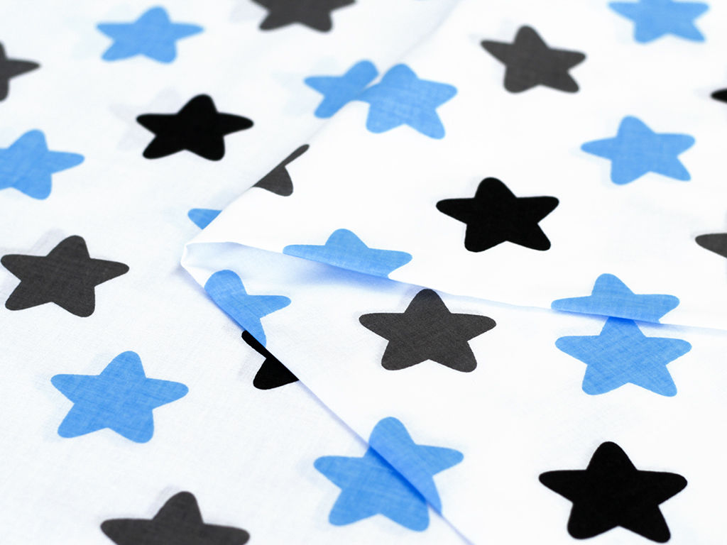 Bavlněné plátno - modré a černé hvězdy na bílém