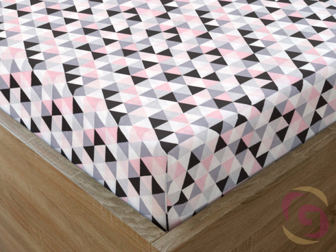 Bavlněné napínací prostěradlo - vzor růžové a šedé trojúhelníky
