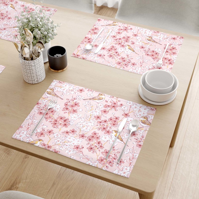 Prostírání na stůl 100% bavlněné plátno - ptáčci v růžové zahradě - sada 2ks