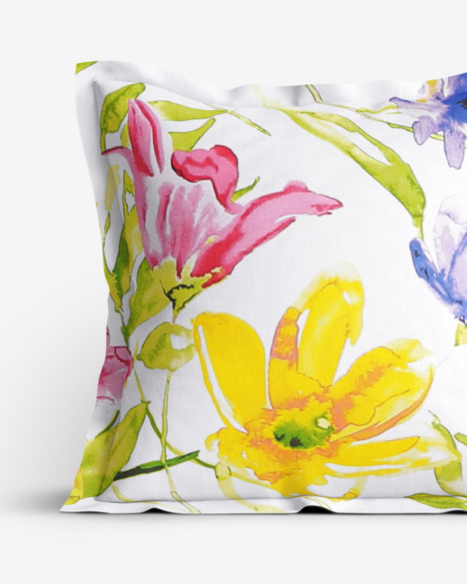 Bavlněný povlak na polštář s ozdobným lemem - akvarelové květy