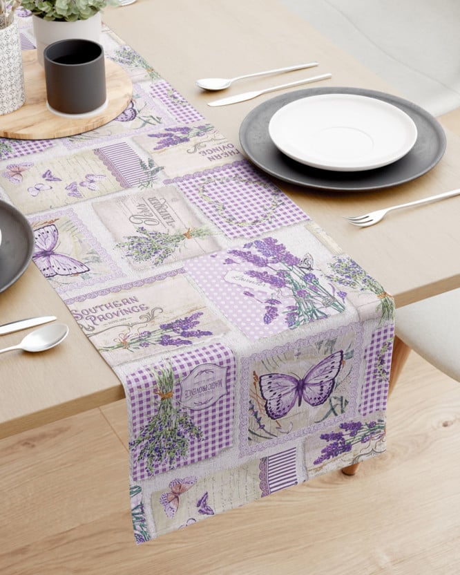 Běhoun na stůl 100% bavlněné plátno - patchwork levandulí s motýly